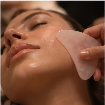 Massaggio al viso con uno strumento in pietra rosa