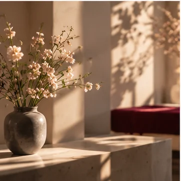 Un vaso di fiori chiari su una mensola, nella luce calda del pomeriggio
